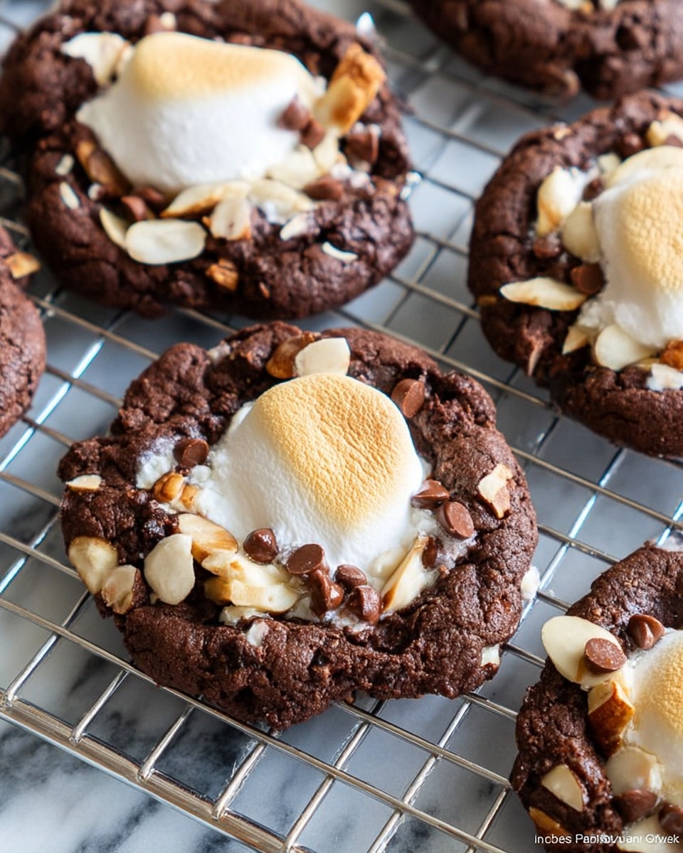 The image shows several dark brown chocolate cookies with rough edges, each topped with a large, soft, and slightly toasted white marshmallow placed in the center. The cookies have visible chunks of chopped almonds and semi-melted chocolate chips embedded throughout their surface, adding texture and color contrast. They are resting on a silver cooling rack that is placed on a surface with a white marbled texture. Photo taken with an iphone --ar 4:5 --v 7