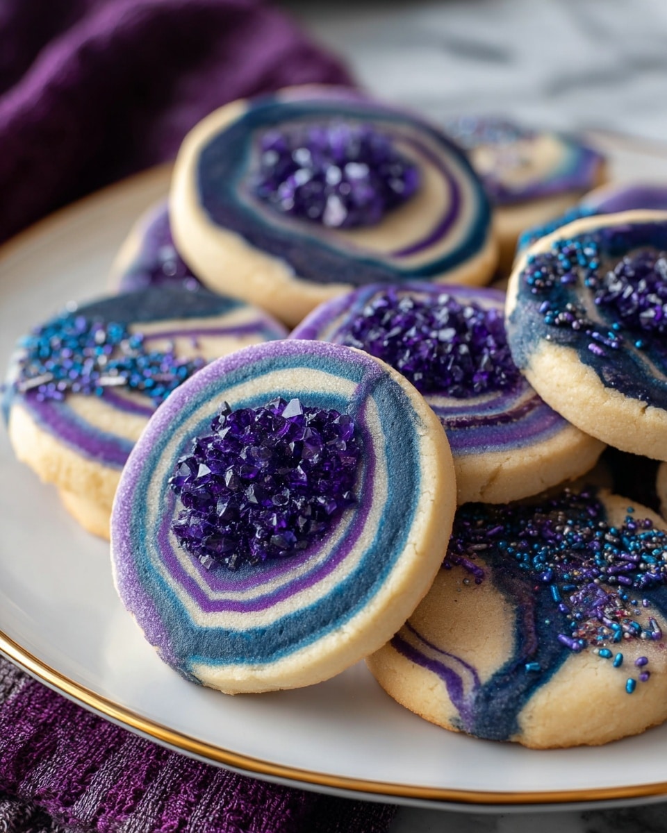 The image shows round cookies designed to look like geodes. Each cookie has several layers: a light cream outer layer, followed by alternating rings of dark purple, indigo, and navy blue. The center is filled with small, shiny purple sugar crystals that mimic the rough texture of geode crystals. Some cookies have sprinkles in dark purple and blue on one side for added texture. The cookies are placed on a white plate with a gold rim, set on a purple textured cloth, all against a white marbled surface. photo taken with an iphone --ar 4:5 --v 7