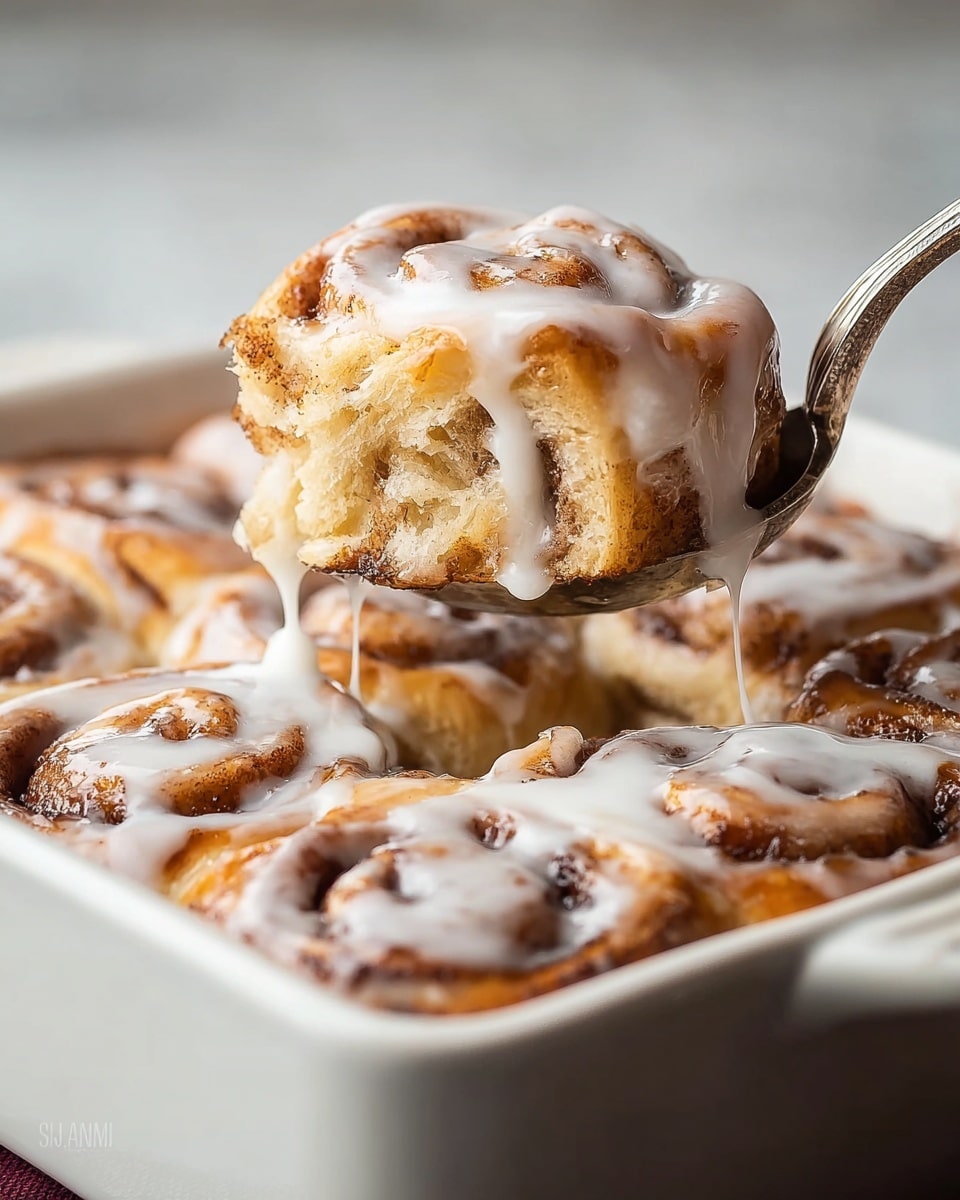 A close-up of a white baking dish filled with multiple cinnamon rolls arranged in a single layer, each roll showing golden brown swirls of cinnamon sugar with a soft, fluffy texture. One cinnamon roll is being lifted with a vintage silver spoon, showcasing its light tan, airy layers and gooey cinnamon filling, all covered with a thick, white glaze that drips slowly down the sides. The dish sits on a white marbled surface with a blurred background. photo taken with an iphone --ar 4:5 --v 7