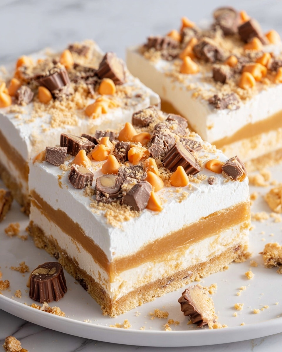 A rectangular dessert bar is shown with four distinct layers on a white plate set on a white marbled surface. The bottom layer is a crumbly, light tan crust. Above it is a thick, creamy white layer, followed by a smooth, glossy caramel-colored layer. The top layer is fluffy white whipped cream sprinkled with scattered orange butterscotch chips and small pieces of chocolate peanut butter cups. Parts of the dessert are cut into squares, with crumbs scattered around the plate edges. Photo taken with an iphone --ar 4:5 --v 7