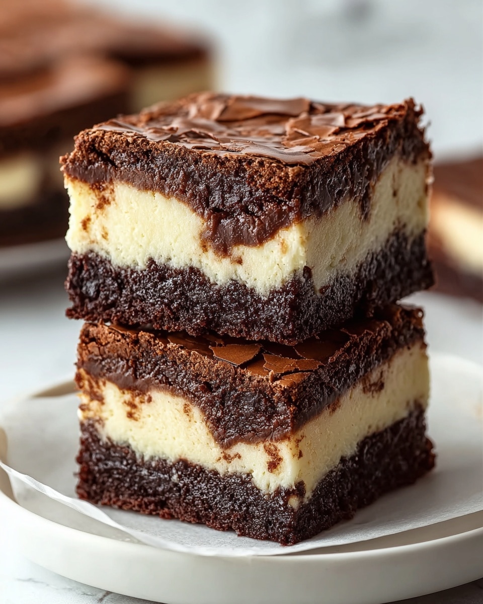 Two square brownie pieces stacked on top of each other on white parchment paper over a white plate. Each brownie has three layers: a dark, rich, crumbly chocolate base, a thick middle layer of creamy white cheesecake, and a thin, cracked chocolate crust on top with a glossy texture. The edges show the contrast between the dark chocolate and the light cheesecake center. The background is a soft, blurry white marbled texture with a warm light. photo taken with an iphone --ar 4:5 --v 7