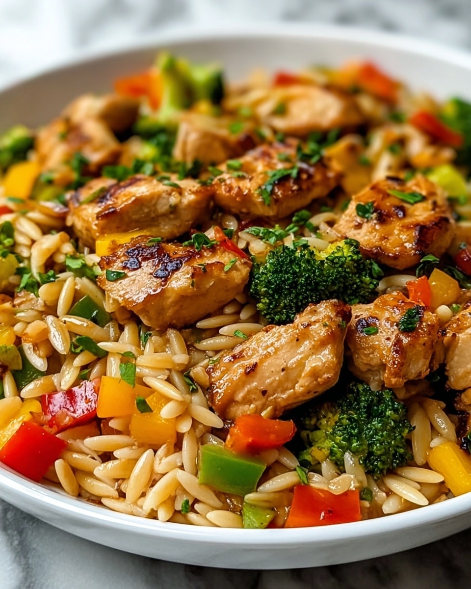 A close-up of a white plate filled with a colorful stir-fry dish. The bottom layer is light brown orzo pasta, scattered evenly across the plate. Mixed throughout are small, bright green broccoli florets and diced bell peppers with red, yellow, and orange pieces, adding vibrant colors. On top, there are medium to large chunks of golden-brown grilled chicken with a slightly crispy exterior. Small bits of chopped green herbs are sprinkled over the whole dish, adding a fresh touch. The texture looks juicy and tender, with a glossy finish from sauce coating the ingredients. The plate sits on a white marbled surface. photo taken with an iphone --ar 4:5 --v 7
