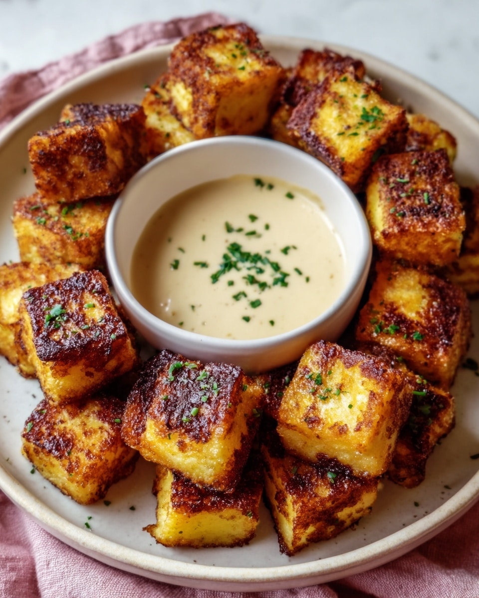The image shows a white plate on a white marbled surface, filled with crispy, golden-brown cubes of fried food with a slightly charred texture and sprinkled with finely chopped green herbs. In the center of the plate, there is a small white bowl filled with creamy, light beige sauce also topped with a few green herb pieces. The food pieces are arranged closely together around the bowl, displaying a crunchy outer layer with a softer inside. The plate is placed on a soft pink cloth, adding a gentle contrast to the white and golden tones. Photo taken with an iphone --ar 4:5 --v 7