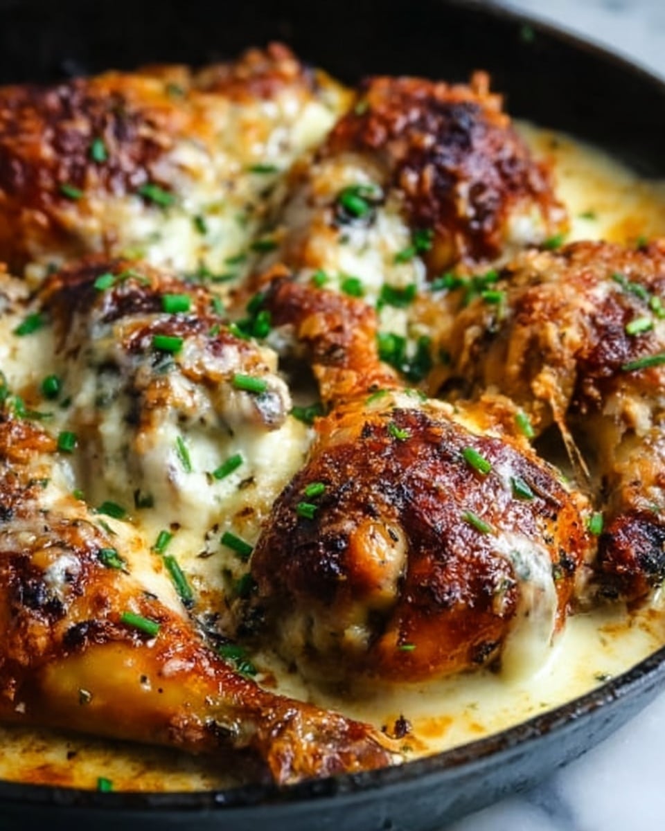 A close-up view of a pan filled with baked chicken drumsticks and thighs, covered with a creamy, melted cheese that is slightly golden and bubbly on top. The chicken pieces have a crispy, browned skin with a mix of dark and golden tones, showing seasoning and herbs sprinkled throughout. Small green chive bits are scattered over the cheese, adding a touch of fresh color. The pan sits on a white marbled surface, making the rich colors of the dish stand out. Photo taken with an iphone --ar 4:5 --v 7