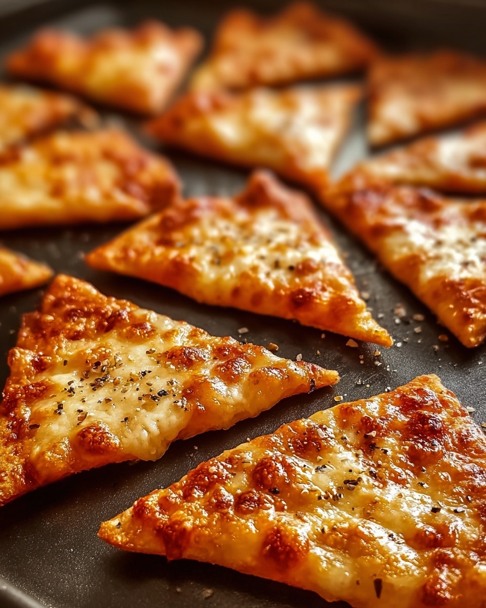 The image shows several thin, crispy triangular slices of cheese pizza arranged on a dark baking tray. Each slice has a golden-brown crust with bubbly and slightly browned melted cheese on top. Some slices have a light sprinkling of black pepper and coarse salt, adding a bit of texture and contrast. The cheese layer is smooth but bubbly, with the edges of the crust being crunchy and well-cooked. The close-up shot focuses on the front slices, giving a warm, inviting feeling of fresh, hot pizza. The background is softly blurred, emphasizing the crispy, cheesy texture of the pizza. Photo taken with an iphone --ar 4:5 --v 7