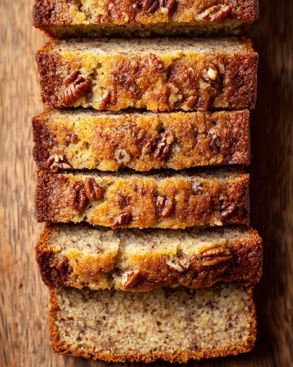 The image shows five rectangular slices of nut bread arranged in a vertical line on a wooden surface. Each slice has a golden brown crust with a slightly crunchy texture, and the top layer is dotted with pieces of pecans that add a darker brown contrast. Inside, the bread has a moist, soft, and slightly crumbly texture with small nut fragments dispersed throughout. The edges of the slices are more browned, showing a crispy outline, while the middle layers appear tender and light brown. photo taken with an iphone --ar 4:5 --v 7