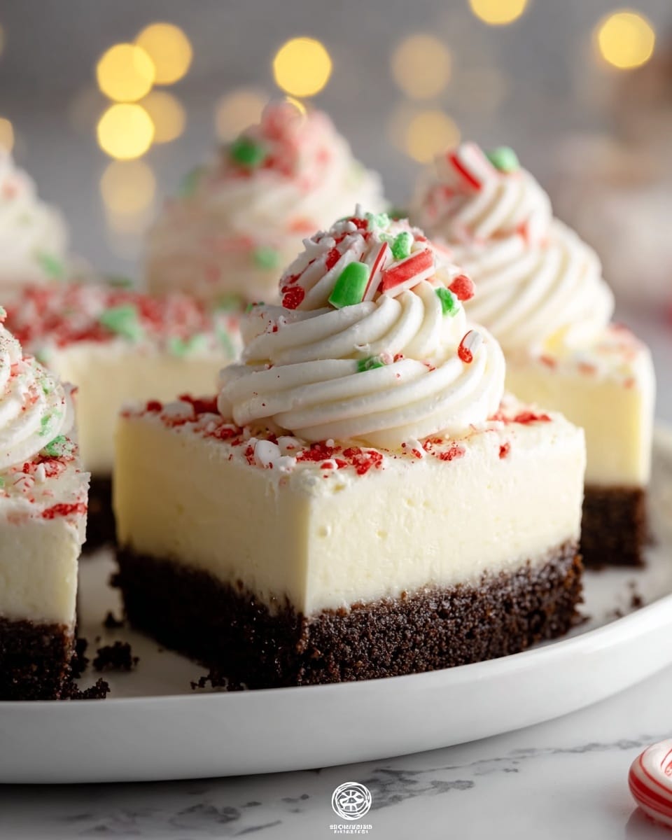 A close-up of a two-layer dessert on a white plate, featuring a thick, dark brown crumbly bottom crust and a thick, smooth, creamy off-white middle layer. The top layer is decorated with evenly spaced swirls of white whipped cream that are softly textured and adorned with small red and green candy pieces. Each swirl is topped with a partial miniature red and white candy cane, while red candy crumbs are scattered gently on the cream, adding a festive look. The dessert is set against a white marbled background with warm, blurry yellow lights in the distance. Photo taken with an iphone --ar 4:5 --v 7