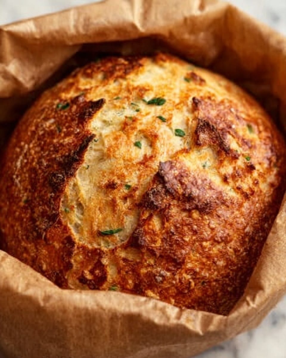A round loaf of bread with a golden-brown crust sits in a brown paper bag, showing a rough and crunchy texture on top. The crust has small green herb bits and some cracks revealing the soft, light inside. The bread looks thick and rustic, with uneven coloring from light golden to darker brown. The close-up view highlights the crispy surface with some flour dusting. The background has a white marbled texture. Photo taken with an iphone --ar 4:5 --v 7