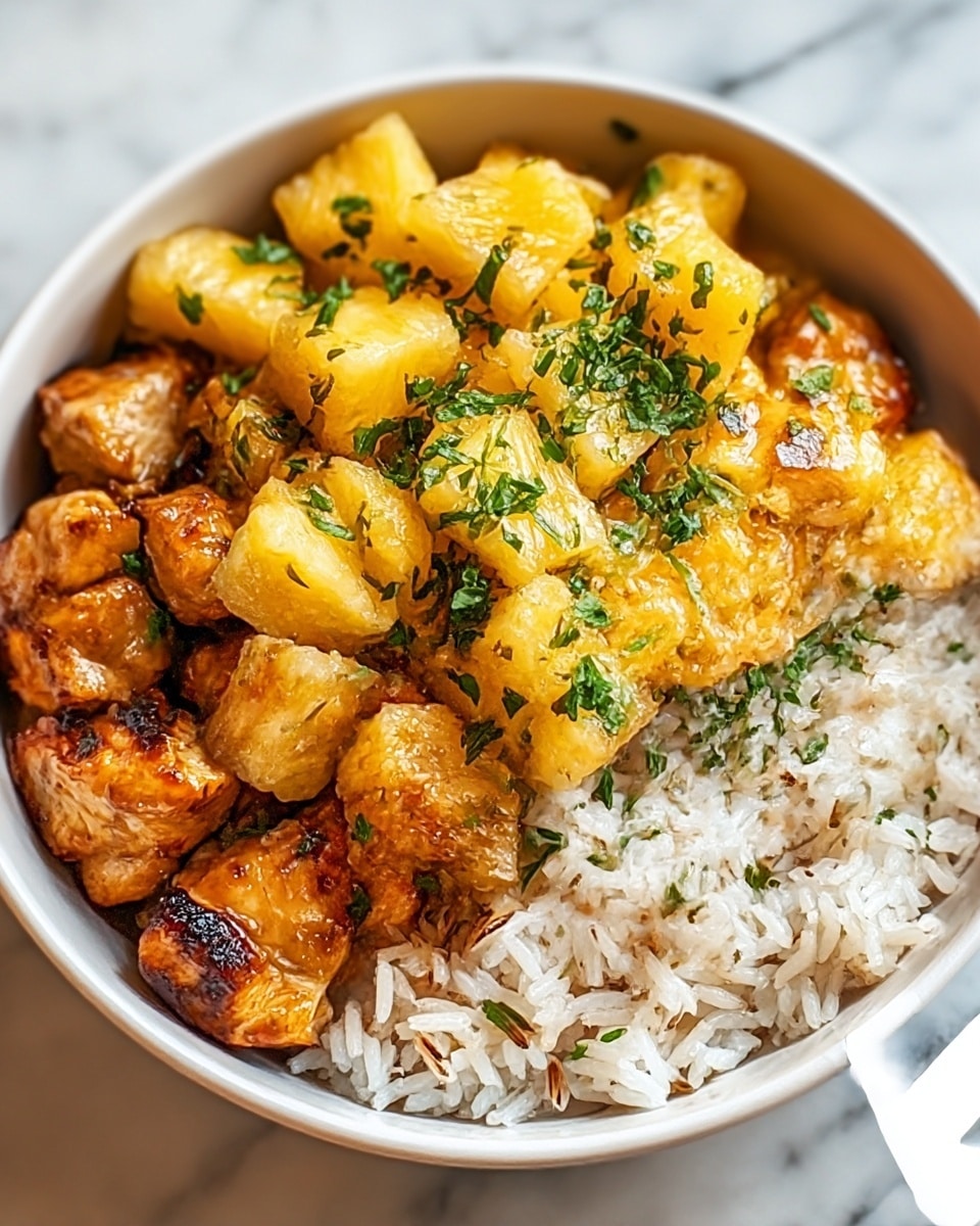 A bowl filled with three layers: the bottom layer is white rice with some grains visible, looking fluffy and soft; the middle layer is golden-brown grilled chicken pieces with a slightly charred texture; the top layer consists of bright yellow pineapple chunks that look juicy and fresh, scattered evenly and sprinkled with small green fresh herbs on top. The bowl is white and sits on a white marbled surface. photo taken with an iphone --ar 4:5 --v 7