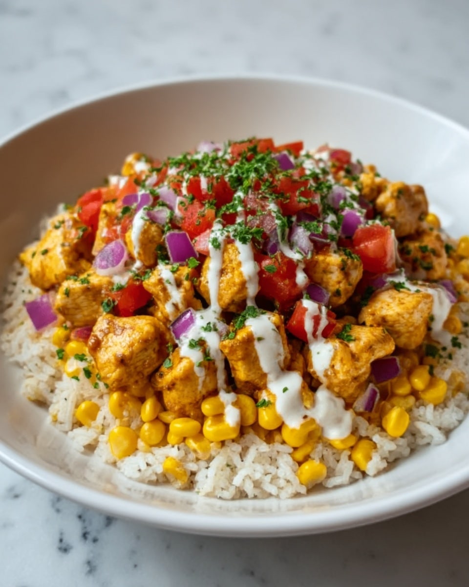 A white bowl sits on a white marbled surface, filled with a base layer of plain white rice mixed with yellow corn kernels. On top of the rice, there is a thick layer of golden-brown cooked chicken pieces that look tender and slightly crispy. Over the chicken, there are small diced red tomatoes and purple onion pieces scattered evenly. The whole dish is topped with a drizzle of white sour cream and sprinkled with fresh green chopped herbs, adding a fresh look. photo taken with an iphone --ar 4:5 --v 7