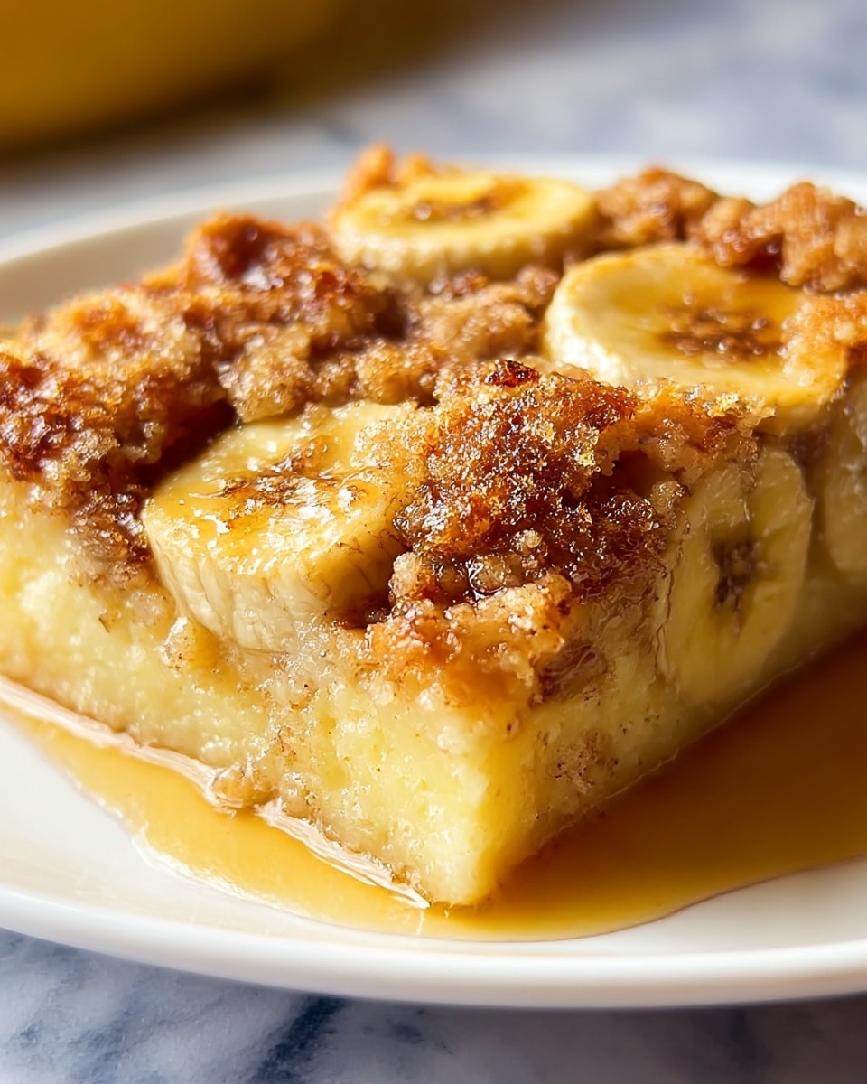 A close-up of a baked banana dessert square placed on a white plate on a white marbled surface, showing three distinct layers: a soft, light yellow base layer, a middle layer with banana slices embedded visibly, and a top layer covered with a crumbly, golden brown streusel with darker browned spots and hints of sugar crystals. The dessert appears moist with syrup pooling slightly around the edges, highlighting the texture and shine. Photo taken with an iphone --ar 4:5 --v 7