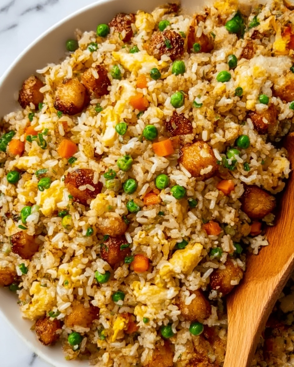 The image shows a close-up of a white plate filled with fried rice. The fried rice has a mix of golden-brown stir-fried rice grains and scrambled yellow eggs evenly spread throughout. Small green peas and finely chopped orange carrot pieces are scattered all over, adding color contrast. There are also bite-sized caramelized brown chunks of chicken or tofu mixed in. The texture of the rice looks slightly oily with a slight crisp on some grains, giving a delicious, cooked appearance. A wooden spoon is partly visible on the right side, resting on the plate. The background is a white marbled texture. photo taken with an iphone --ar 4:5 --v 7