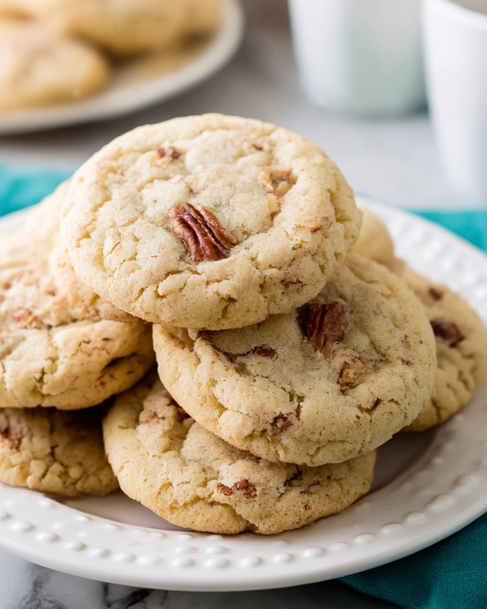 A close-up view of a stack of soft, round cookies placed on a white plate with a raised dotted pattern around the edge. Each cookie has a light golden-brown color with a slightly cracked texture and visible small pieces of pecans embedded throughout. The cookies appear thick and chewy with a rough, homemade look. The plate rests on a white marbled surface with a teal cloth peeking from underneath. In the blurred background, there are white cups adding depth to the image. Photo taken with an iphone --ar 4:5 --v 7