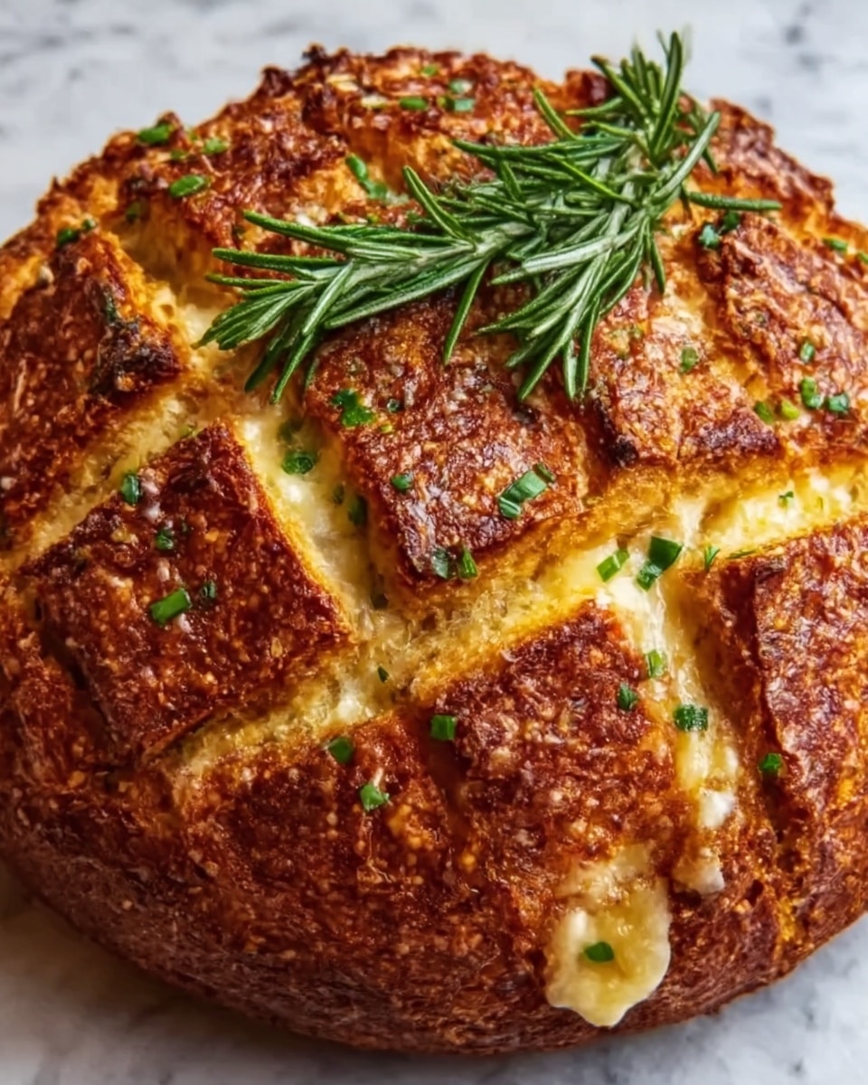 A round loaf of bread with a crispy, golden-brown crust is shown close up. The bread has deep cuts across the top forming a grid pattern, where melted cheese oozes out, showing a soft, light yellow inside. Small pieces of green herbs are sprinkled over the bread, adding a fresh color contrast. A sprig of fresh rosemary lies on top, adding texture and a green touch. The background is a white marbled surface. photo taken with an iphone --ar 4:5 --v 7