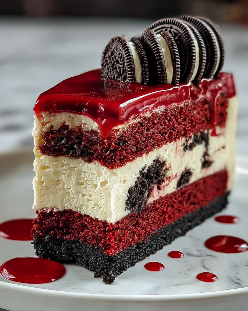 A close-up slice of a multi-layered cake with four distinct layers sits on a white plate with a white marbled surface background. The bottom layer is a dark, crumbly crust, almost black in color. Above it is a thick, creamy white layer with a smooth texture and slight air pockets. The third layer is a rich red velvet cake, speckled with chunks of dark chocolate cookies embedded inside. The top layer is a shiny red gel glaze, dripping slightly over the edge. On top of the glaze, half an Oreo cookie is placed, and a smaller group of Oreo cookie halves are arranged in a neat line on the side of the glaze. Small drops of the red glaze are on the plate beneath the cake. Photo taken with an iphone --ar 4:5 --v 7