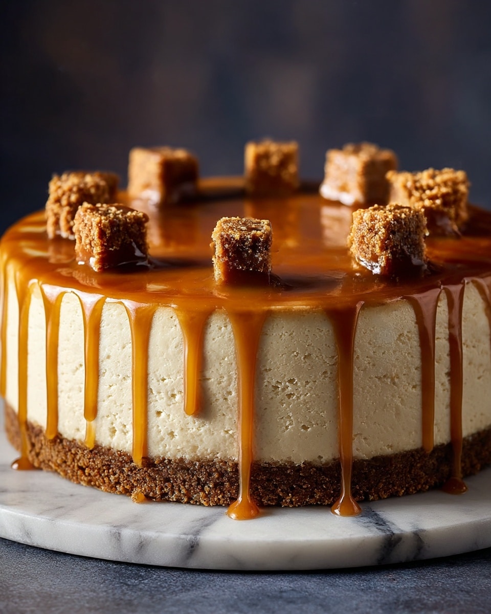 A round cheesecake with three visible layers sits on a dark slate round board over a wooden surface, against a blurred dark background. The bottom layer is a textured brown crust. Above it is a thick beige creamy cheesecake layer. The top layer is a smooth, shiny caramel glaze that drips down the sides in thick streams. On top, there are nine evenly spaced small squares of crumbly brown cake pieces arranged around the edge. photo taken with an iphone --ar 4:5 --v 7