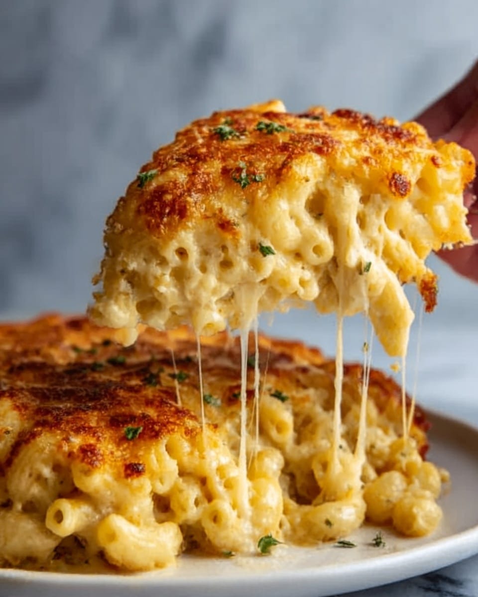 The image shows a close-up of a cheesy macaroni dish being lifted, with a white plate underneath. The top layer is golden brown and crispy with melted cheese bubbles, and below it are soft, creamy pasta noodles coated in rich cheese sauce. There are small green herb sprinkles on top, adding a touch of color. Strings of melted cheese stretch from the portion being lifted to the rest of the dish, showing gooey texture. The background is a white marbled surface, and a woman's hand is carefully holding the piece. photo taken with an iphone --ar 4:5 --v 7