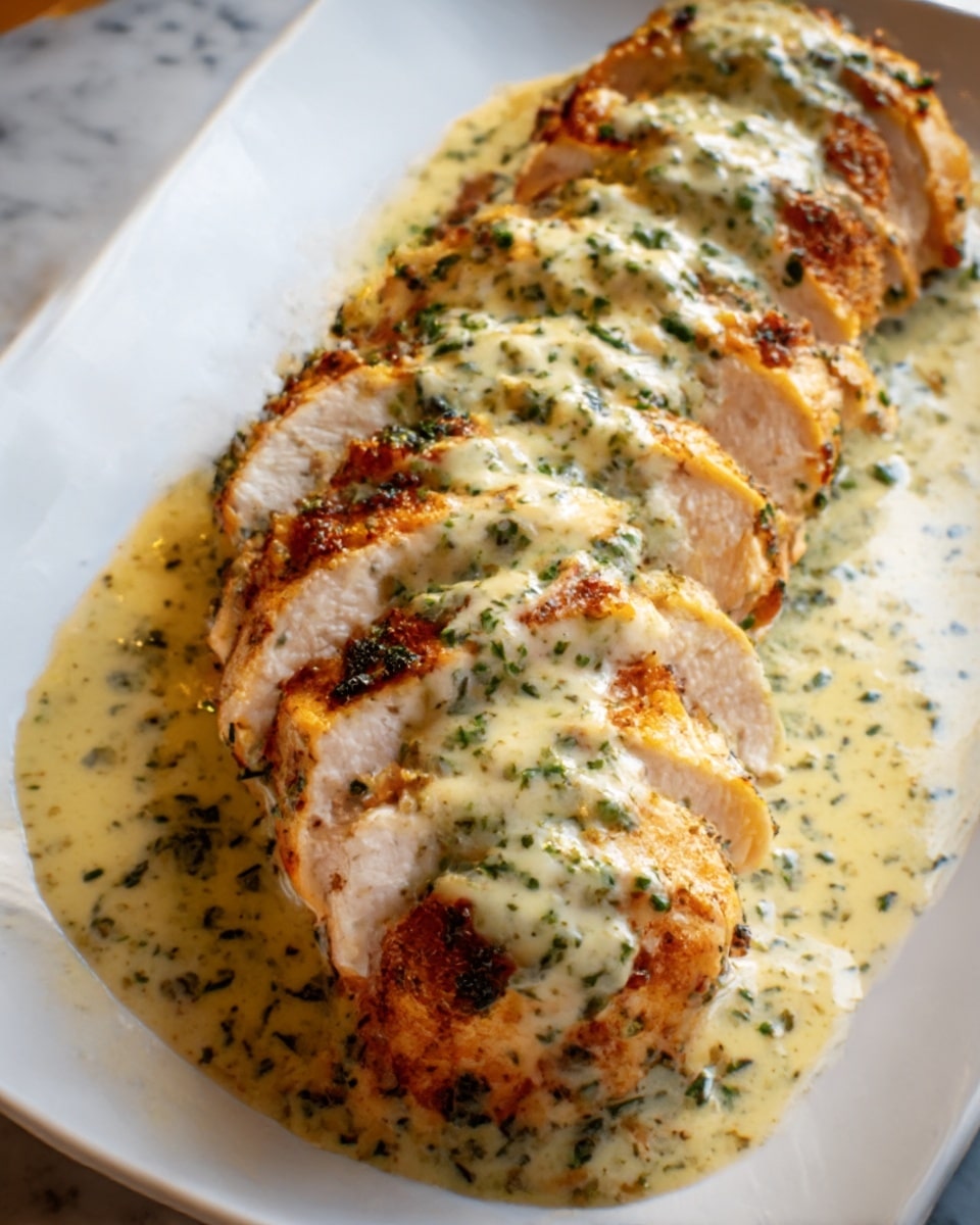 The image shows a sliced grilled chicken breast carefully arranged in a single row on a white plate. Each slice reveals a juicy, tender inside with a light pink color, while the outside is well-grilled with golden brown and slightly charred edges. A creamy, pale yellow sauce with green herb specks generously covers the top and pools around the base of the chicken, giving a rich and smooth texture. The plate rests on a white marbled surface, enhancing the dish's colors and freshness. Photo taken with an iphone --ar 4:5 --v 7