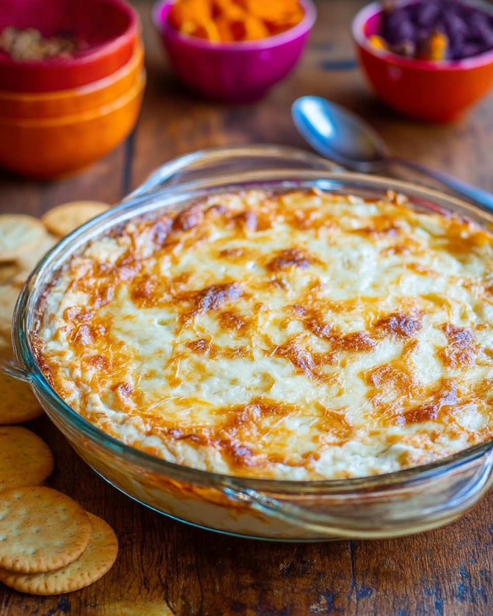 The image shows a baked dish in a clear glass pie dish with two side handles, placed on a wooden surface. The dish has a single visible layer with a golden-brown, slightly uneven top layer of melted cheese with some darker browned spots, showing a creamy texture underneath. Around the pie dish are round crackers, a silver spoon, and out-of-focus small orange and magenta bowls filled with snacks in the background. Photo taken with an iphone --ar 4:5 --v 7
