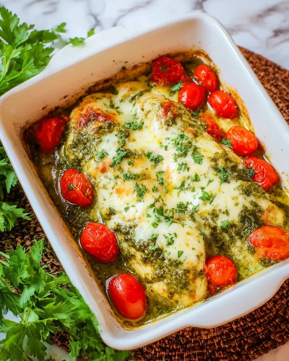A white rectangular baking dish holds a cooked chicken breast covered with melted cheese and green pesto sauce, giving the top a mix of creamy white, light golden brown, and green colors. Bright red halved cherry tomatoes are placed around the edges of the chicken inside the dish. The dish sits on a brown woven mat, and to the left, there are fresh green parsley leaves on a white marbled surface. The chicken looks juicy with a slightly crispy cheese topping and sprinkled green herbs on top. photo taken with an iphone --ar 4:5 --v 7