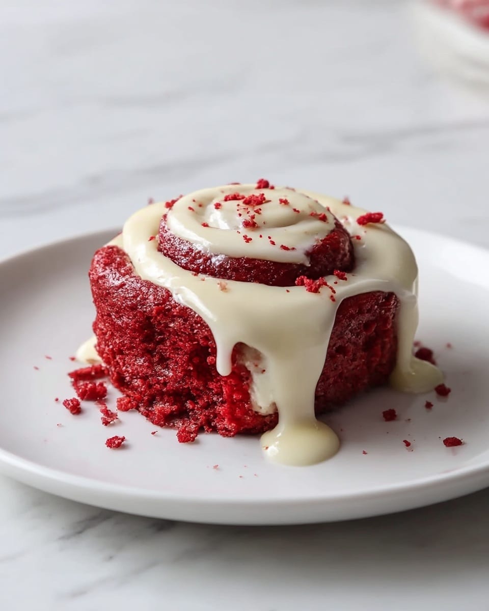 A single red velvet cinnamon roll sits in the center of a white plate on a white marbled surface. It has one thick layer of deep red, moist cake shaped in a spiral, with a smooth, creamy white icing thickly poured on top, dripping down the sides in a few slow spills. The icing is glossy and contrasts with the rough texture of the cake. Small crumbs of red velvet are scattered on the icing, adding texture and color contrast. photo taken with an iphone --ar 4:5 --v 7