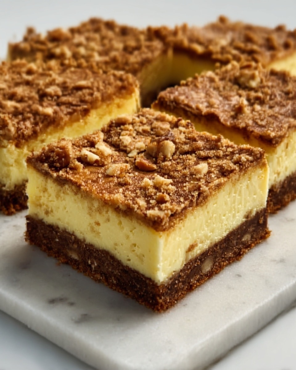 The image shows three square pieces of dessert on a white marble surface, each with three clear layers. The bottom layer is thin, dark brown, and looks crumbly like a cookie crust. The middle layer is thick, creamy yellow, smooth, and looks soft or custard-like. The top layer is medium brown with a cracked texture and sprinkled with small crushed nuts or crumbs that add a rough appearance. The squares are slightly separated, showing their layers well. photo taken with an iphone --ar 4:5 --v 7