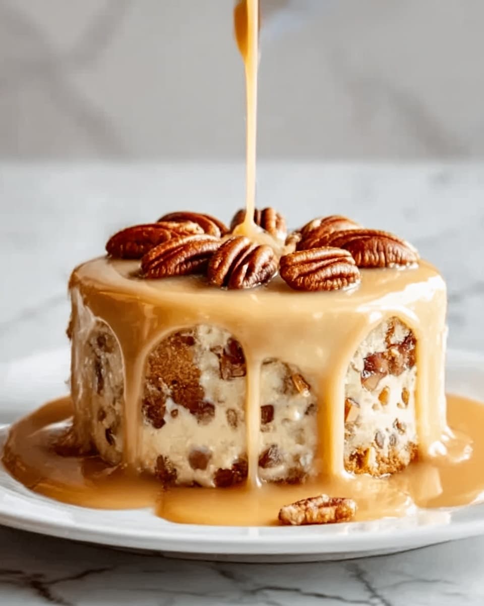 A small round cake with two visible layers is shown, each layer filled with bits of nuts and cake pieces. The cake is covered with a smooth, light caramel-colored sauce that drips down the sides. On top, there are several whole pecans arranged neatly. The cake is placed on a white plate, and the background has a white marbled texture. A stream of the caramel sauce is being poured from above onto the top of the cake. Photo taken with an iphone --ar 4:5 --v 7