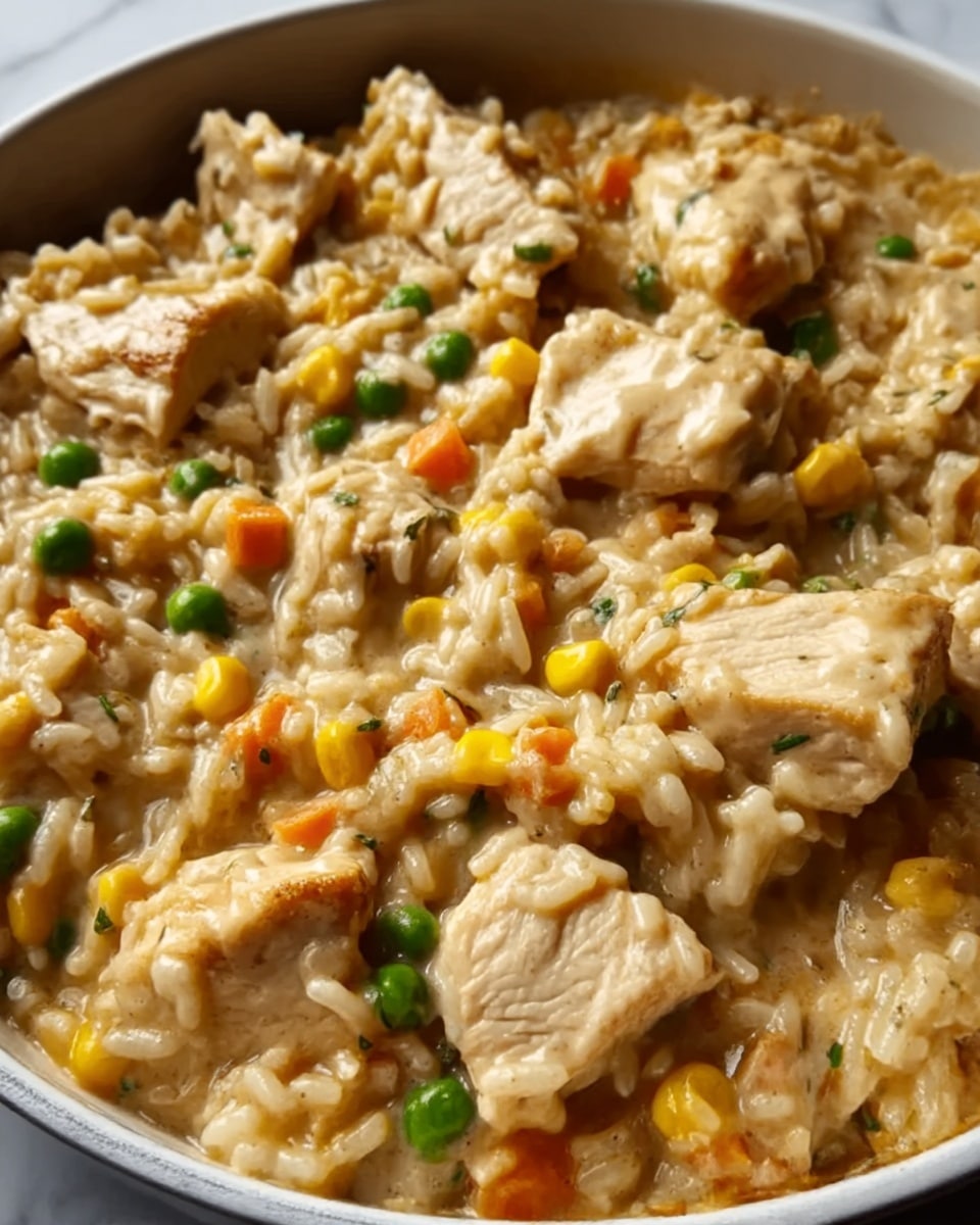 The image shows a close-up of a creamy rice dish mixed with large chunks of cooked chicken. The rice is soft and coated in a rich, light brown sauce with visible small green peas, yellow corn kernels, and tiny orange carrot pieces spread evenly throughout. The chicken pieces are tender, pale golden brown with a slightly crispy texture on the outside, sitting among the thick, creamy rice and vegetables. This meal is served in a white skillet resting on a white marbled surface. Photo taken with an iphone --ar 4:5 --v 7