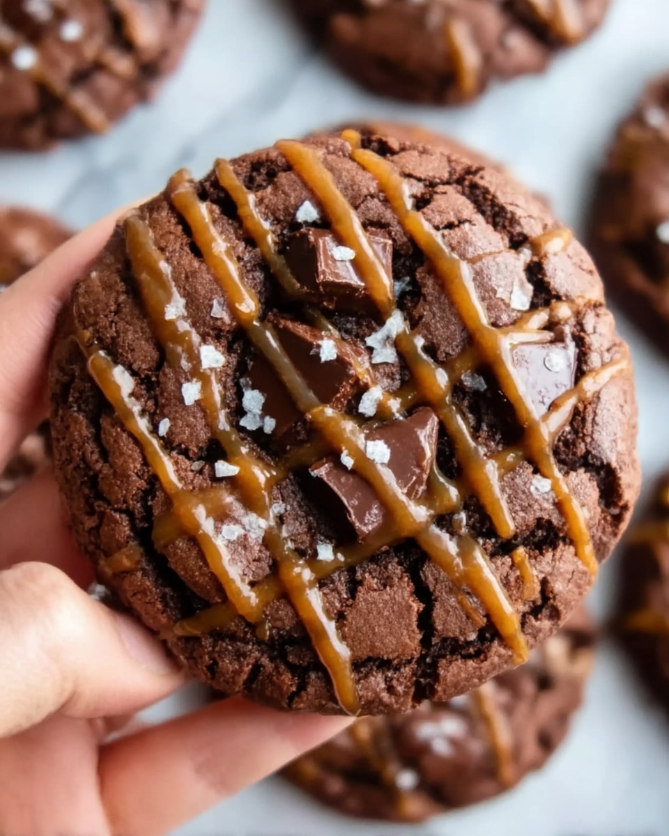 A close-up image of a thick chocolate cookie held by a woman's hand, showing its cracked, dark brown surface studded with large chocolate chunks. The top of the cookie is drizzled with caramel sauce in diagonal lines and sprinkled with coarse sea salt, adding texture and shine. The background is a white marbled surface with parts of other similar cookies blurred out, making the main cookie the focus. Photo taken with an iphone --ar 4:5 --v 7