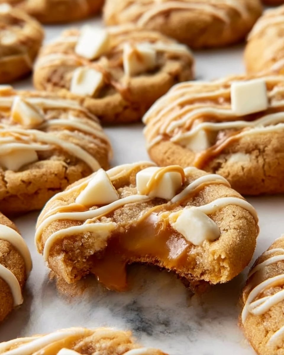 A close-up view of soft cookies arranged closely together on a white marbled surface, each cookie featuring two layers: a golden-brown baked dough base with a slightly crumbly texture, and a top layer with melted caramel peeking from a bite in the center. On top of each cookie, there are a few white chocolate chunks and light brown chocolate drizzles creating thin lines across the surface. The cookies appear moist and rich, with a glossy caramel middle visible in the broken cookie. Photo taken with an iphone --ar 4:5 --v 7