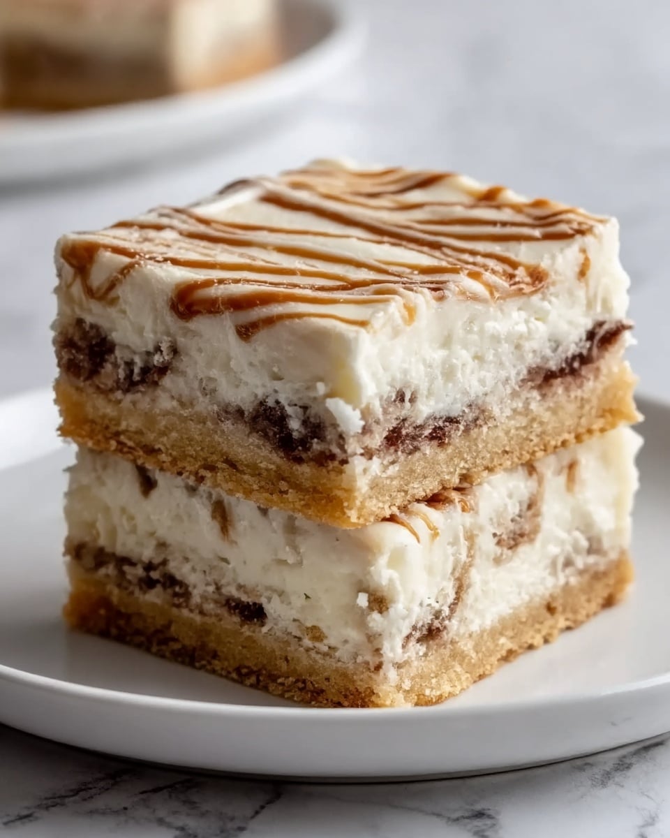 The image shows two stacked dessert squares on a white plate placed on a white marbled surface. Each square has three layers: the bottom layer is a light golden brown cookie or cake base, the middle layer is thick and creamy white frosting or filling with visible bits of dark brown, and the top layer is a similar creamy white frosting topped with thin lines of light brown drizzle creating a swirling pattern. The texture looks soft and rich, and the layers are even and well-defined. Photo taken with an iphone --ar 4:5 --v 7