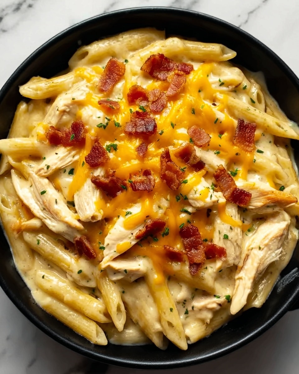 A black bowl filled with creamy chicken and pasta bake, showing three main layers: at the bottom, cooked penne pasta in a pale yellow creamy sauce, in the middle, tender white chicken strips mixed evenly with the pasta, and on top, melted golden yellow cheese scattered with small crispy pieces of reddish-brown bacon and a light sprinkle of green herbs. The bowl is placed on a white marbled surface. photo taken with an iphone --ar 4:5 --v 7