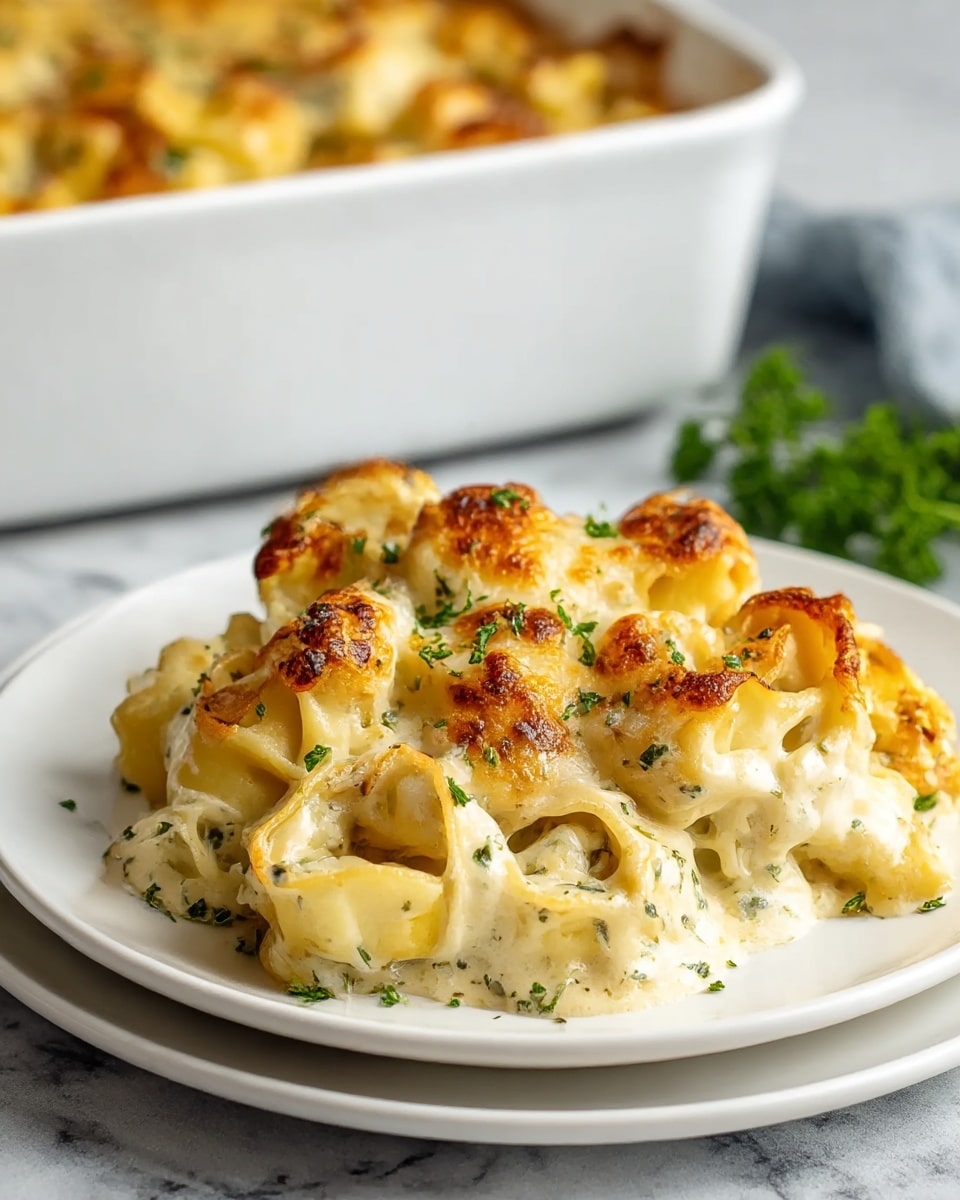 A white plate holds a generous serving of baked tortellini pasta covered in a rich, creamy cheese sauce topped with melted, golden-brown cheese that is slightly crispy on the edges. The tortellini pieces are wrapped neatly with hints of green herbs mixed into the sauce and sprinkled on top, adding color contrast. The surface beneath the plate is a white marbled texture, and in the background, there is a white baking dish with more cheesy tortellini slightly blurred out for depth. Photo taken with an iphone --ar 4:5 --v 7