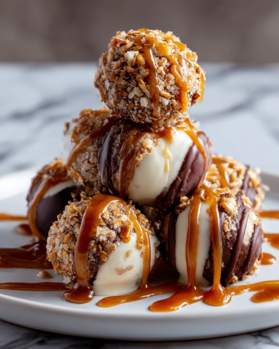 The image shows five round dessert balls stacked in a pyramid shape on a white plate. Each ball is coated partly with white chocolate and dark chocolate, and covered in small broken pretzel pieces giving a crunchy texture. Caramel sauce is drizzled over all the balls and onto the plate, adding a sticky, shiny finish. The background features a soft blur with a white marbled surface beneath the plate. photo taken with an iphone --ar 4:5 --v 7