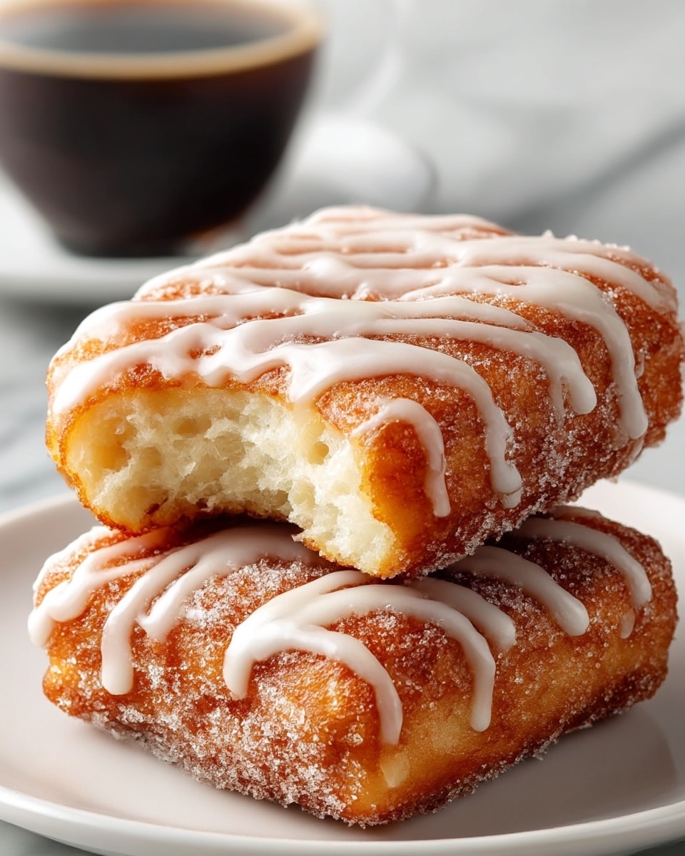 The image shows two golden-brown square donuts stacked on a white plate with one donut placed slightly on top of the other. Each donut has a rough sugar-coated texture on the sides and a shiny glaze drizzled in white icing patterns across the top and sides, creating a glossy contrast against the crispy surface. The inside of the top donut is light and airy, visible from a bite taken out of it, showing a soft, fluffy texture. In the blurred background, there is a cup of black coffee placed on a white marbled surface. photo taken with an iphone --ar 4:5 --v 7