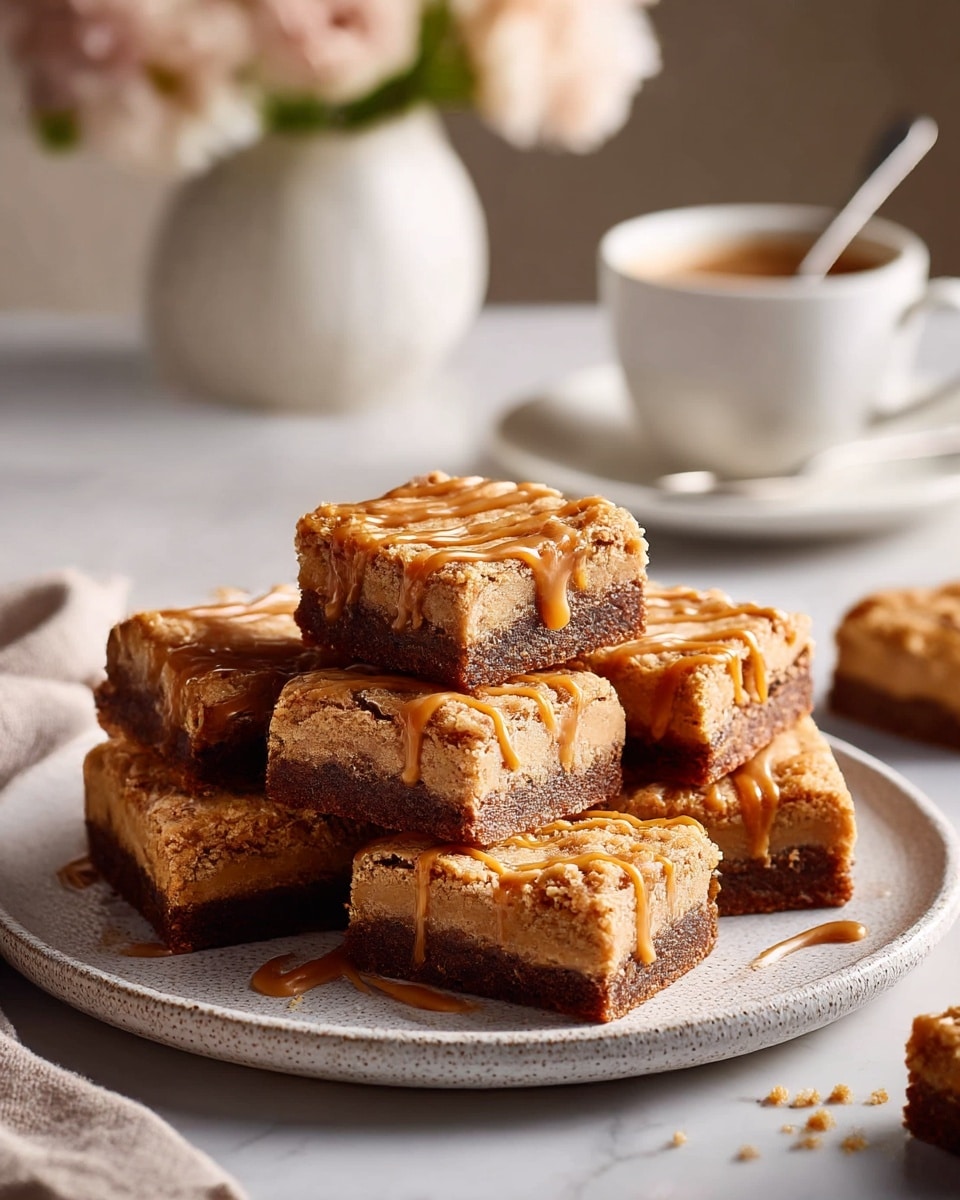 A white round plate holds six square cookie bars arranged in a pile on a white marbled surface, each bar showing two layers with a darker brown base and a lighter brown top layer with a crumbly texture, drizzled with a shiny caramel-colored sauce on top. The plate is slightly textured and in the background there is a white cup of coffee on a saucer with a spoon, and a blurred white vase with light pink flowers, creating a cozy setting. The colors are warm and inviting with soft light highlighting the glossy caramel drizzle. photo taken with an iphone --ar 4:5 --v 7