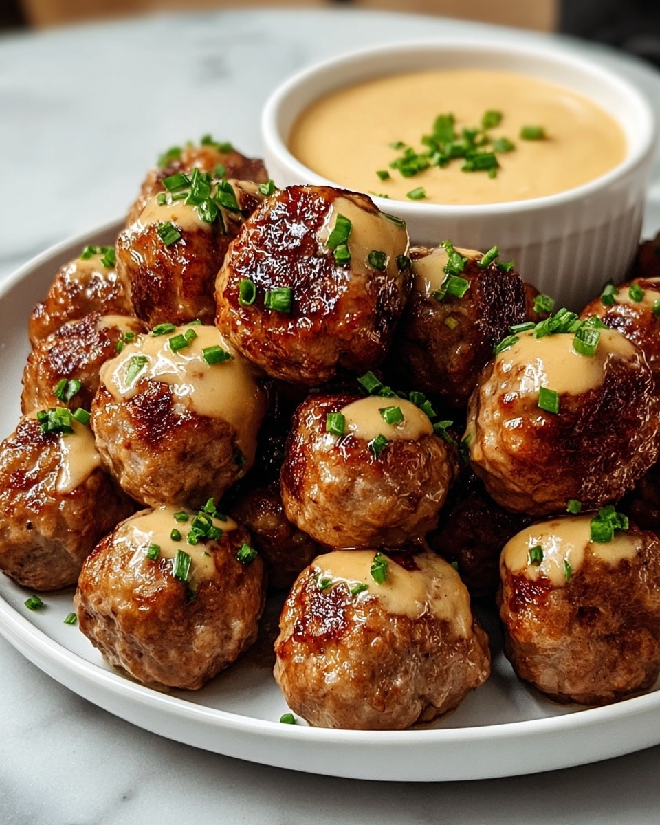 The image shows a white plate filled with two layers of golden-brown meatballs, each with a shiny, slightly crispy texture. Some meatballs have a light tan creamy sauce drizzled on top, accentuated by small chopped green herbs sprinkled over them. Toward the back of the plate, a white bowl holds a thick beige dipping sauce with a few green herb pieces on its smooth surface. All of this sits on a white marbled textured surface. photo taken with an iphone --ar 4:5 --v 7