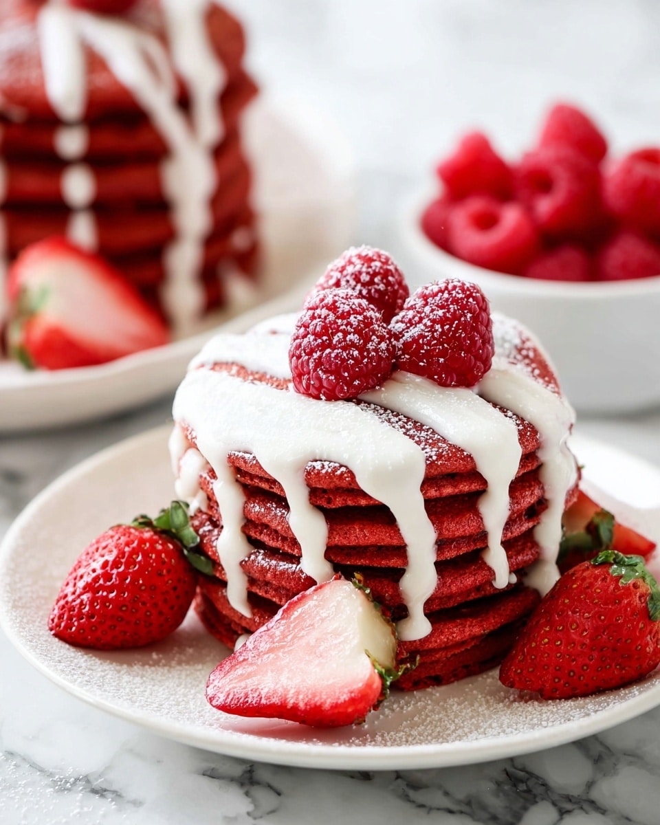 A stack of four thick, red pancakes sits on a white plate with white icing drizzled unevenly over each layer, dripping down the sides. On top, there are three fresh red raspberries arranged closely, adding texture and color contrast. Around the base of the stack, there are whole and halved strawberries with bright red flesh and green leaves, resting on the white plate. In the background, another smaller stack of red pancakes with white icing and raspberries is slightly out of focus, along with a small white bowl filled with raspberries. The surface is a white marbled texture. photo taken with an iphone --ar 4:5 --v 7