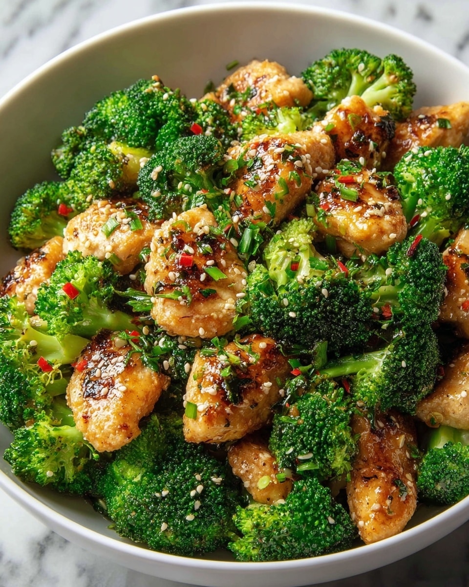 A white bowl filled with bright green broccoli florets spread throughout as one layer, firm and slightly shiny with a fresh texture. On top, there are golden-brown browned chicken pieces scattered evenly, with a light crispy outside showing a mix of darker grilled spots and softer golden parts. The dish is sprinkled with small white sesame seeds and tiny bits of red chili, along with finely chopped green herbs adding extra color and detail. The meal looks fresh and seasoned, resting on a white marbled surface. photo taken with an iphone --ar 4:5 --v 7