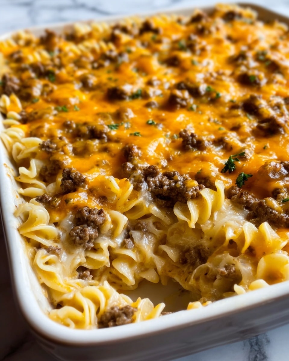 A close-up view of a baked pasta dish in a white rectangular casserole dish, filled with layers of wide noodle pasta at the bottom, topped with browned ground beef scattered evenly over the noodles. The top layer is covered with melted yellow cheddar cheese with some darker browned spots, and small black pepper specks are sprinkled throughout. The pasta has a creamy texture with visible curls and ridges on the noodles. The casserole dish sits on a white marbled surface. Photo taken with an iphone --ar 4:5 --v 7