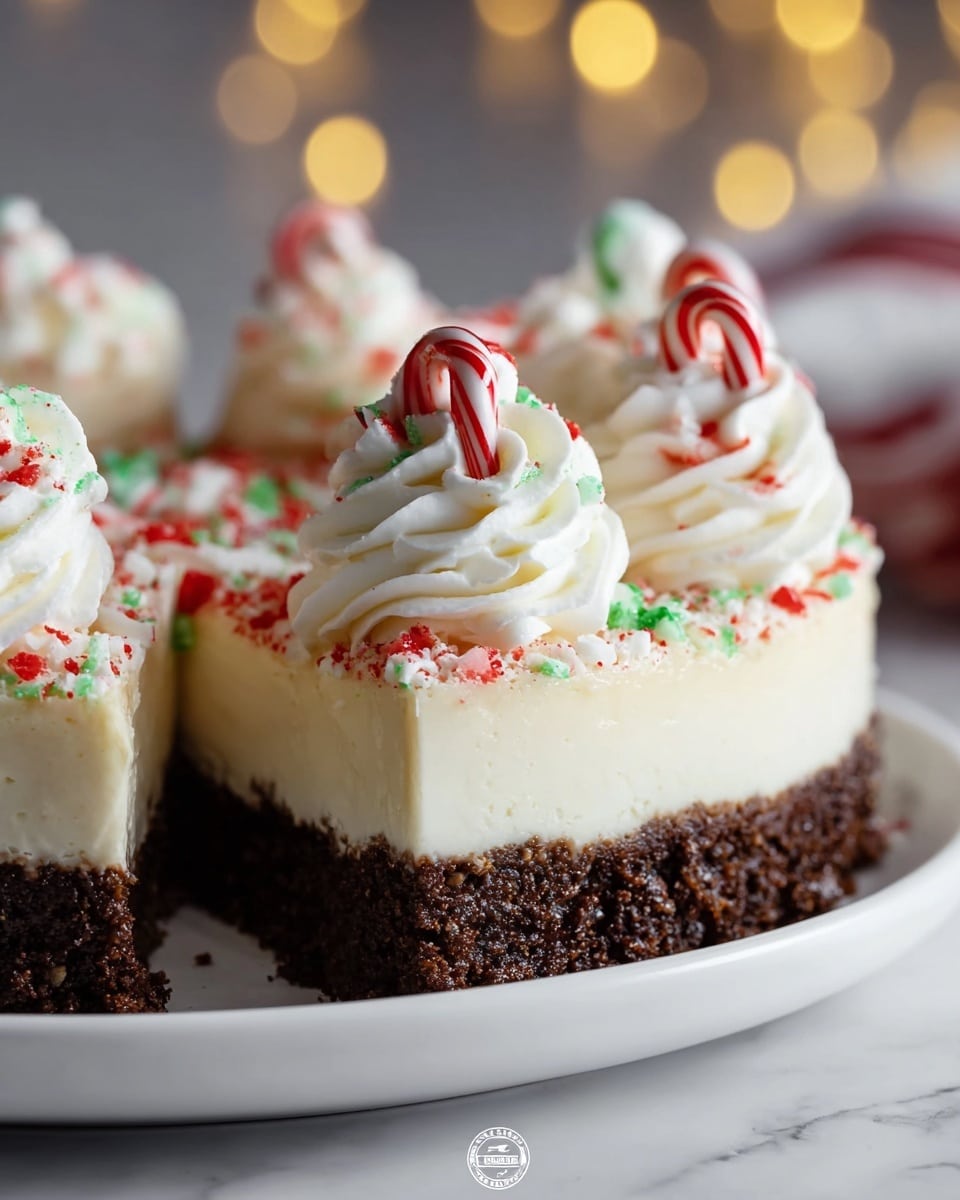 The image shows a three-layered dessert on a white plate with a white marbled texture background. The bottom layer is a thick, dark brown crumbly crust. On top of this is a smooth, creamy white cheesecake layer. The cheesecake is decorated with swirls of white whipped cream, each topped with small red and white candy cane pieces and sprinkled with red and green crushed candy bits. The whipped cream swirls are evenly spaced around the cheesecake's edge. Photo taken with an iphone --ar 4:5 --v 7