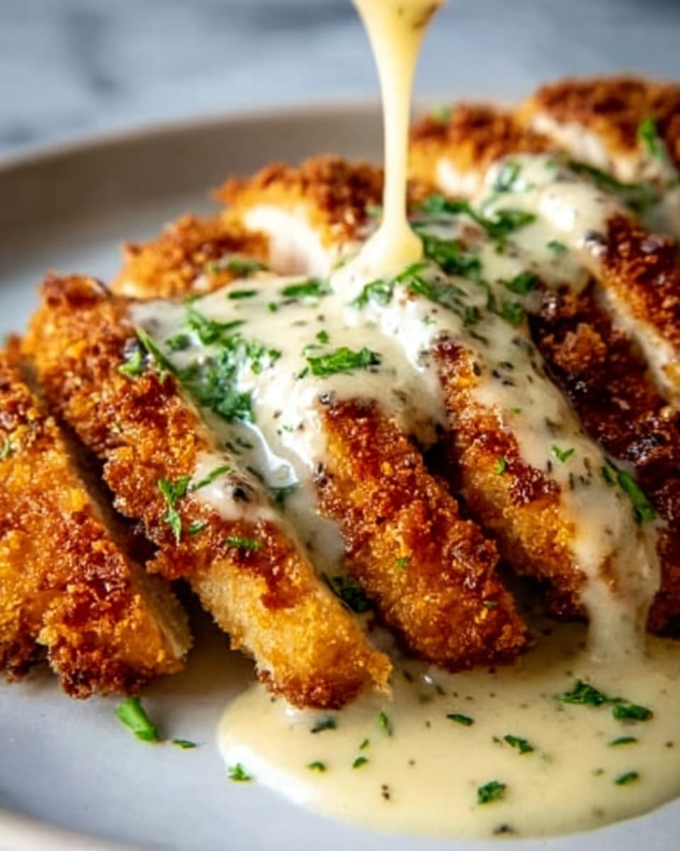 The image shows a close-up of a crispy golden-brown breaded piece of chicken cut into several thick slices. A creamy white sauce with herbs is poured over the top, covering part of the chicken and pooling slightly underneath. Fresh green chopped herbs are sprinkled over the sauce, adding a fresh contrast to the warm colors of the chicken. The dish is on a clean white plate with a white marbled surface background. photo taken with an iphone --ar 4:5 --v 7