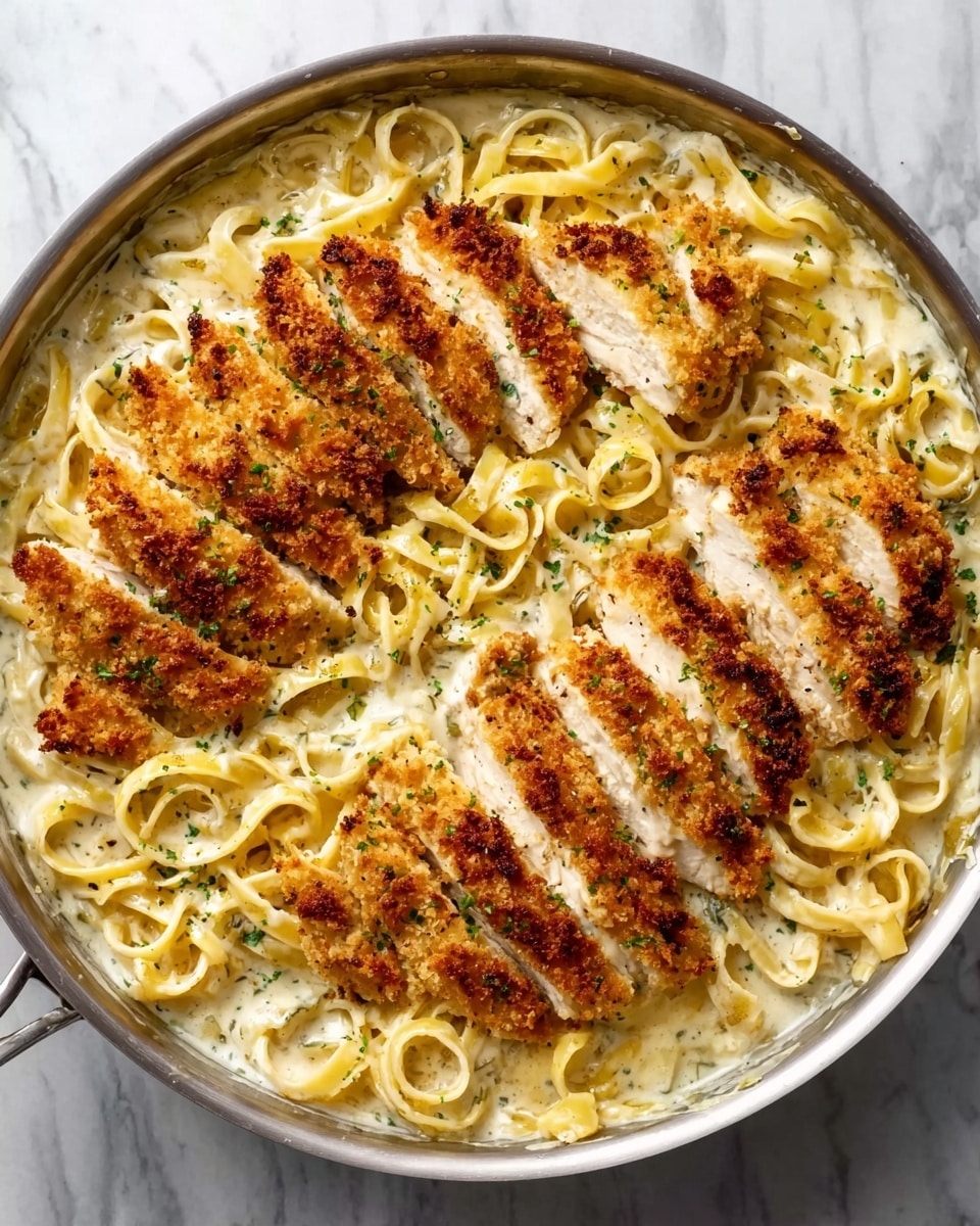 A round pan filled with creamy fettuccine pasta layered with sliced, crispy golden-brown chicken breasts arranged in a circular pattern on top. The pasta is coated in a rich white sauce with herbs visible, giving it a smooth texture, while the chicken has a crunchy breadcrumb crust with a light golden color. The pan rests on a white marbled surface. Photo taken with an iphone --ar 4:5 --v 7