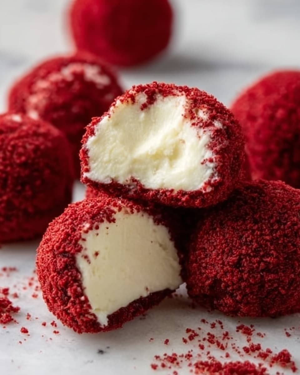 The image shows several round truffle-like sweets covered in a bright red crumbly coating. One truffle is cut in half at the center, revealing a smooth white creamy filling inside. The outer red layer is thick and textured, forming a rough and slightly crumbly surface. The truffles are placed on a white marbled surface, with some crumbs scattered around them. The layers clearly show the red crumb outer layer and the soft white filling inside. photo taken with an iphone --ar 4:5 --v 7
