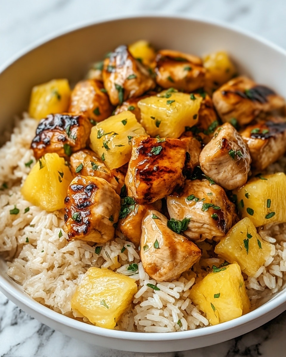 The image shows a white bowl filled with three layers of food on a white marbled surface. The bottom layer is fluffy cooked rice with a light beige color and slightly separated grains. On top of the rice are chunks of grilled chicken, golden-brown with some dark grill marks, giving a slightly shiny and glazed look. Scattered among the chicken are bright yellow pineapple pieces, juicy and glistening, cut into small chunks. The dish is finished with small chopped green herbs sprinkled evenly over the chicken and pineapple. Photo taken with an iphone --ar 4:5 --v 7