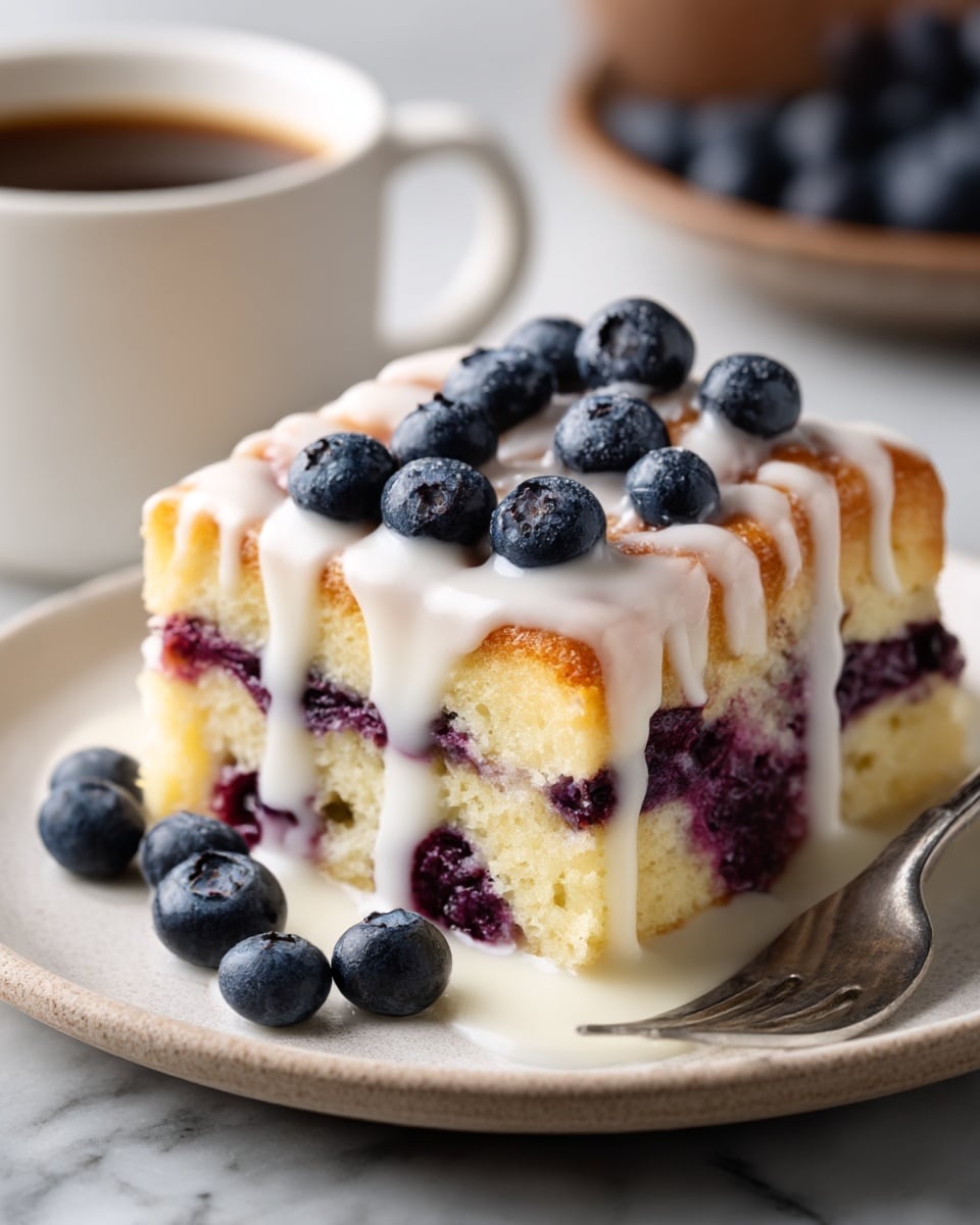 A white plate holds a single cinnamon roll that has three visible layers: the soft, golden-brown dough on top with a slightly crispy edge, a thick creamy white glaze drizzled across the top, and a rich layer of fresh blueberries both inside the roll and scattered on top, some sinking into the glaze. The interior dough looks moist with blueberries bursting through. In the background, there is a blurred white cup of coffee on a white marbled surface. The photo was taken with an iphone --ar 4:5 --v 7