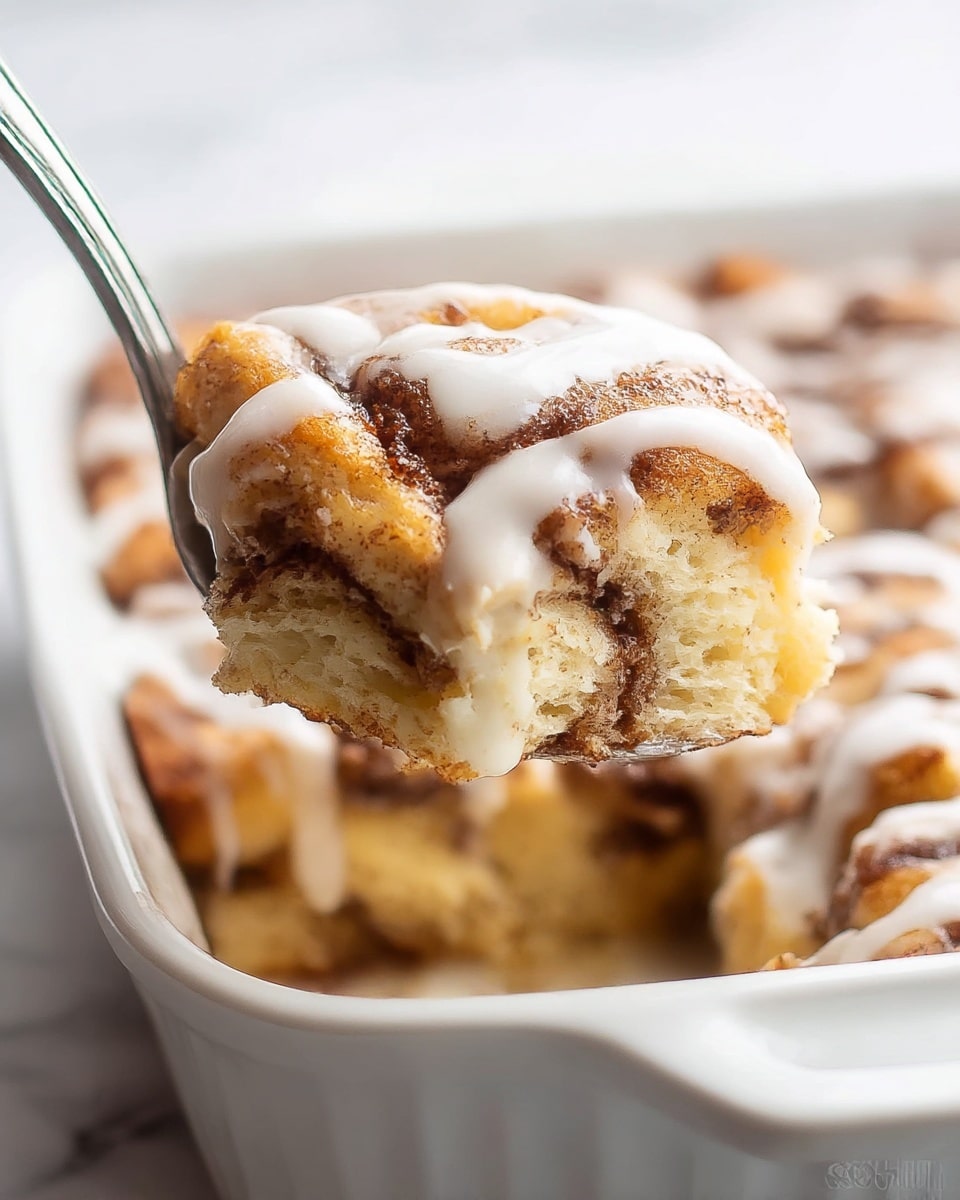 A close-up view of a warm cinnamon roll bake showing one piece being lifted with a silver spoon from a white baking dish. The dish holds multiple chunks of soft, golden-brown dough with swirls of dark cinnamon filling. On top of each piece is a drizzle of smooth, white icing that contrasts with the textured, slightly crispy edges of the bake. The background is a white marbled texture. photo taken with an iphone --ar 4:5 --v 7