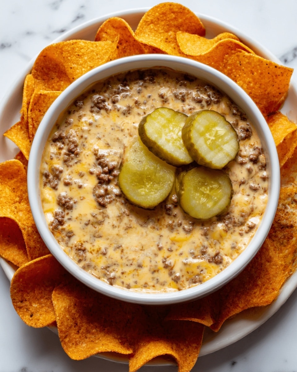 A white round bowl is filled with a creamy, light yellow cheesy dip mixed with small bits of browned ground beef, topped with three slices of pickle in the center. The bowl sits on a white marbled surface, surrounded evenly by curved orange tortilla chips. The overall look is warm and inviting. Photo taken with an iphone --ar 4:5 --v 7