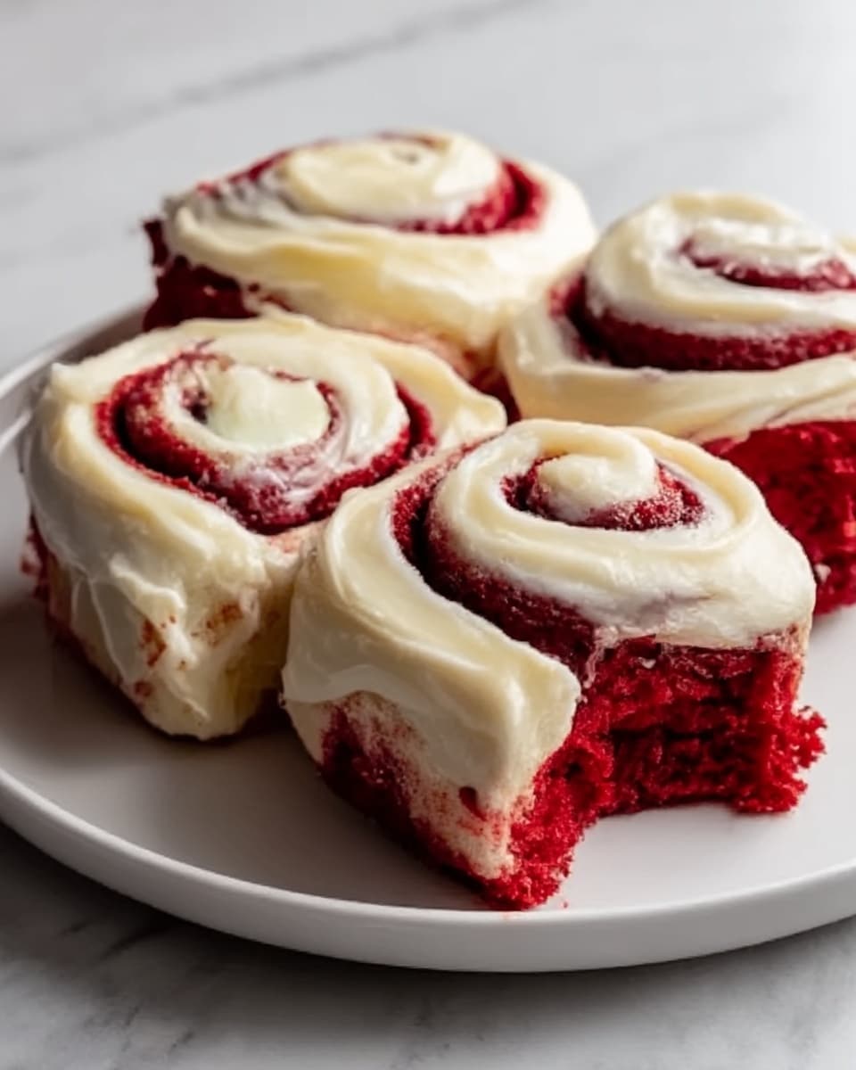 A white plate holds four red velvet cinnamon rolls, each covered with thick, creamy white frosting spread unevenly on top. The red rolls have a soft, moist texture with visible swirls of red dough and cream cheese filling inside. One cinnamon roll is slightly pulled apart, showing the dense red layers and smooth white frosting inside. The plate is placed on a white marbled textured surface. Photo taken with an iphone --ar 4:5 --v 7