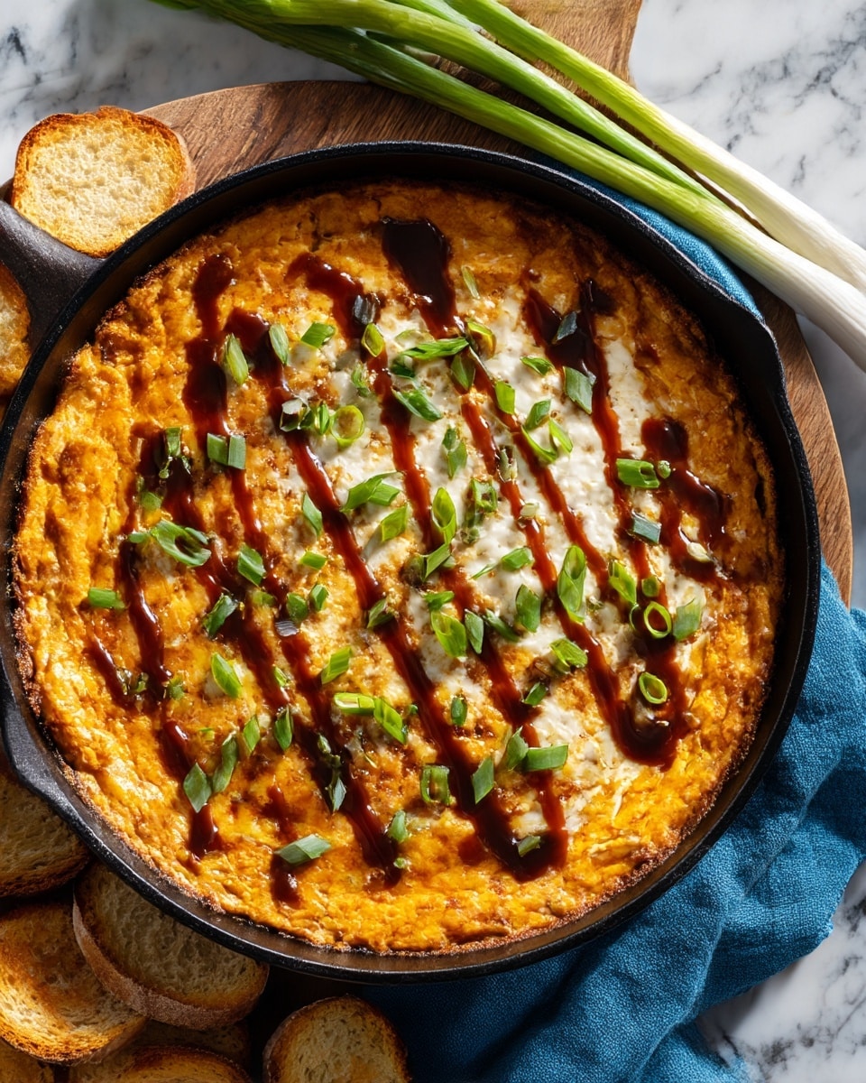 The dish is shown in a black skillet with a thick, two-layered baked dip. The bottom layer is orange and creamy with a slightly crispy, browned edge across the entire surface. The top layer is white and uneven, creating a textured, creamy contrast. Dark brown sauce is drizzled in thick lines over the top, and small, bright green chopped scallions are scattered evenly across the dish. The skillet sits on a wooden board on top of a blue cloth, with toasted bread slices and a green onion stalk nearby, all against a white marbled surface. photo taken with an iphone --ar 4:5 --v 7
